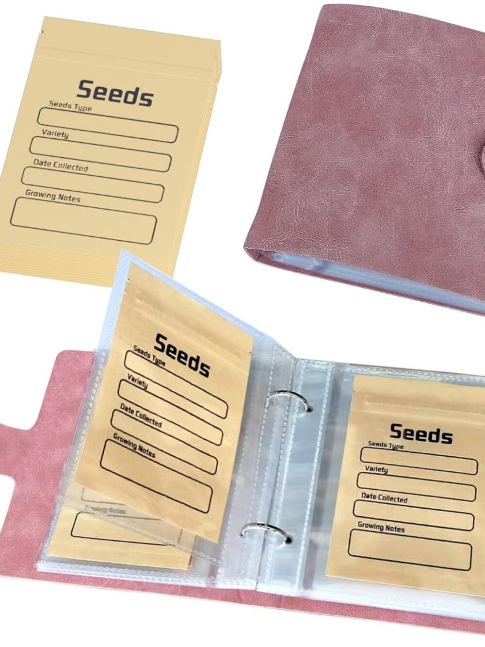Seed Organizer Storage Binder with 50 PCS Resealable Seed Envelopes, Pink